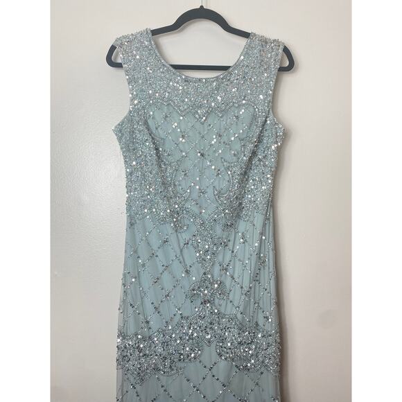 ADRIANNA PAPELL DRESS 10 GOWN SEQUIN BEADED LATTICE BLUE GRAY SLEEVELESS GODETS - Picture 9 of 16